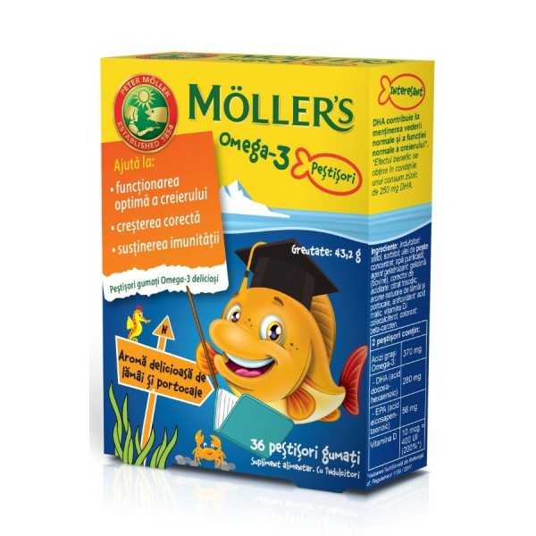 Moller's Pestisori gumati cu Omega-3 aroma de lamai si portocale, 36 jeleuri, Orkla Health