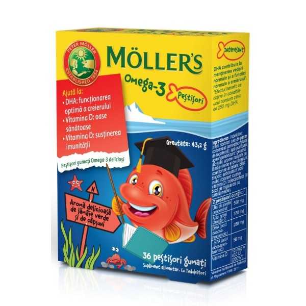 Moller's Pestisori gumati cu Omega-3 aroma de lamaie verde si capsuni, 36 jeleuri, Orkla Health