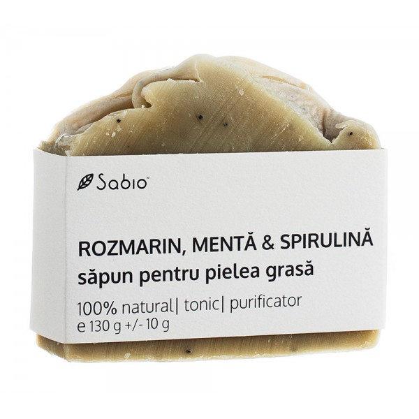 Sapun natural pentru pielea grasa cu rozmarin, menta si spirulina, 130g, Sabio