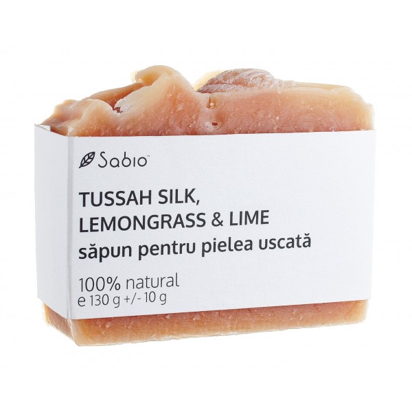 Sapun natural pentru pielea uscata cu tussah silk + lemongrass si lime, 130g, Sabio