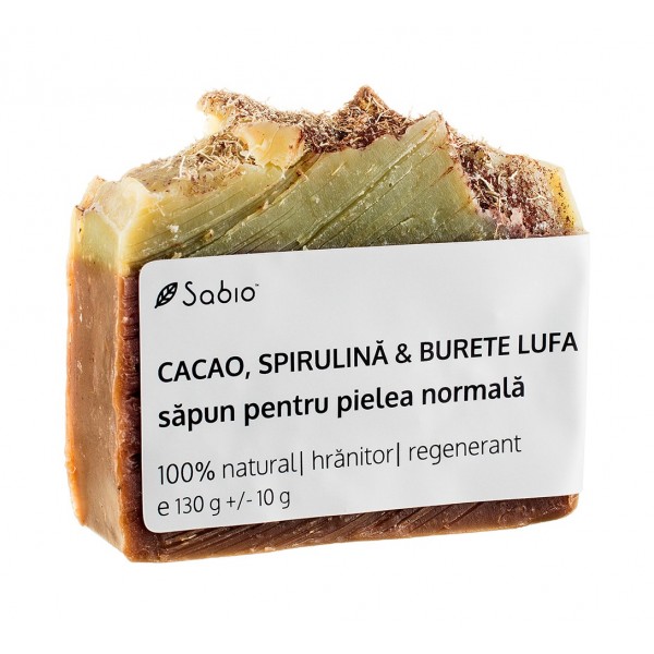 Sapun natural pentru pielea normala cu cacao, spirulina si burete lufa, 130g, Sabio