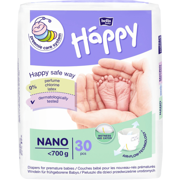 Scutece prematuri cu greutate sub 700g Nano Happy, 30 bucati, Bella Baby