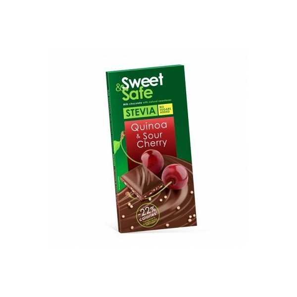 Ciocolata cu indulcitor natural de stevia Sweet&Safe, quinoa si visine, 90g, Sly Nutrition